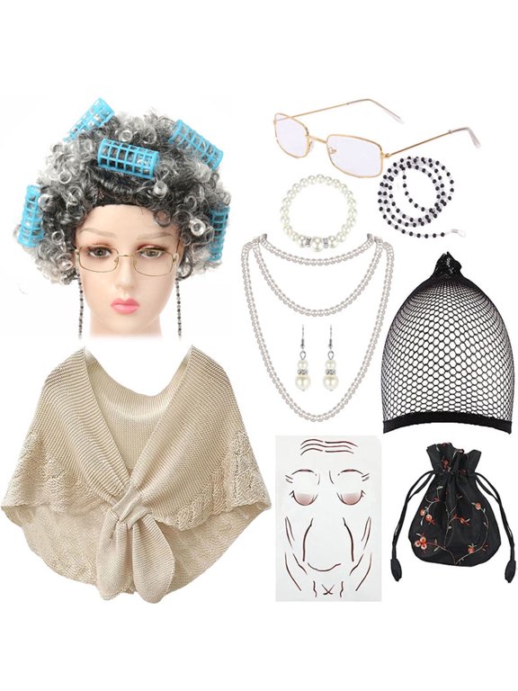 12 Pcs 100th Day of School Old Lady Costume Old Grandma Costume, Women Beige Shawl Granny Wig with Pearl Necklace