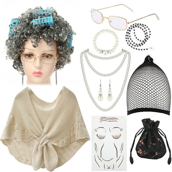 12 Pcs 100th Day of School Old Lady Costume Old Grandma Costume for Kids Women Beige Shawl Granny Wig with Pearl Necklace