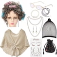 thumbnail image 1 of 12 Pcs 100th Day of School Old Lady Costume Old Grandma Costume, Women Beige Shawl Granny Wig with Pearl Necklace, 1 of 3