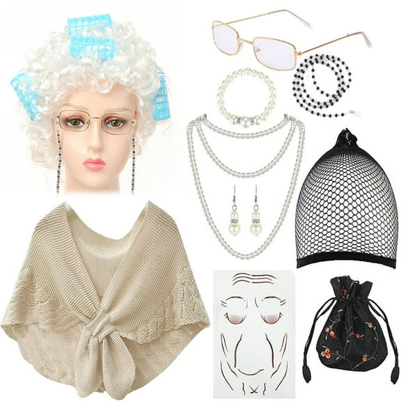 12 Pcs 100th Day of School Old Lady Costume Old Grandma Costume for Kids Women Beige Shawl Granny Wig with Pearl Necklace