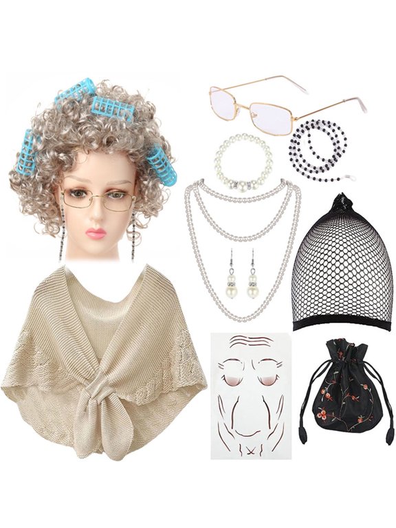 12 Pcs 100th Day of School Old Lady Costume Old Grandma Costume, Women Beige Shawl Granny Wig with Pearl Necklace