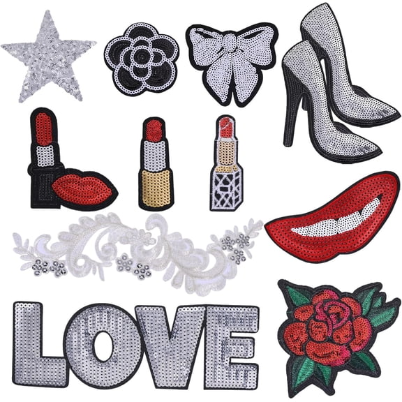 12 Pcs 11 Style Lipstick Iron on Patches Sliver Embroidered Patches for DIY Clothing Jackets Bags Hat Sewing Embroidered Lip Patch for DIY DIY Decoration