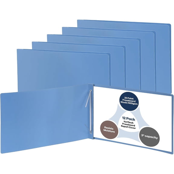 12 Pcs 11'' x 17'' Pressboard Report Cover 3" Capacity Metal Prong Paper Fastener with Compressor Presentation Binder Folder to Neatly Bind Reports Proposals Transcripts Document (Light Blue)