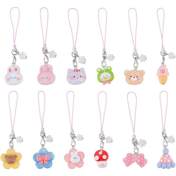 12 Pcs 12 Styles Phone Charms Sets Resin Pendant Mobile Straps Cute Animal Phone Strap Charms Colorful Phone Charm Accessories for Cell Phone Keychain Bag Decor