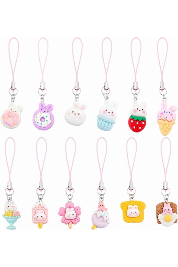12 Pcs 12 Styles Phone Strap Charms Cute Resin Phone Charm Pendants Bunny Phone Charms String for Cell Phone Keychain Bag Phone Case Accessories