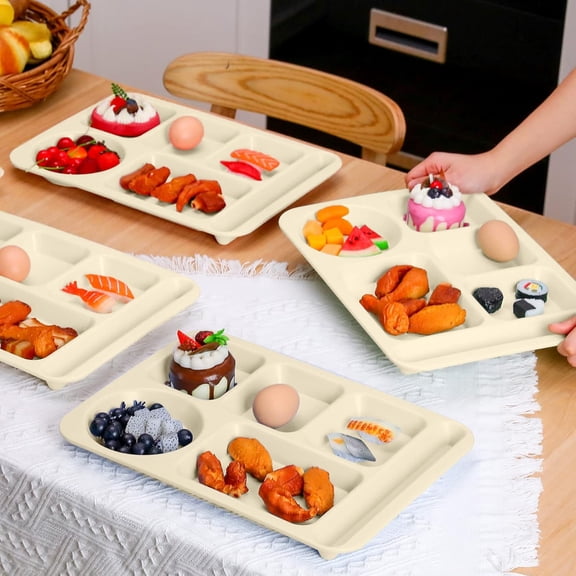 12 Pcs 14'' Large Divided Plates Wheat Straw Lunch Trays 6 Compartments Cafeteria Trays Microwave Dishwasher Safe Food Separator Plates (Beige)