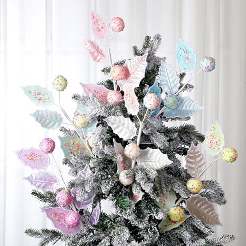 36 Pack Pastel Glitter Berry Christmas Tree Picks – 17 Inch Curly Spray Stems For Tree, Wreath & Floral Decor