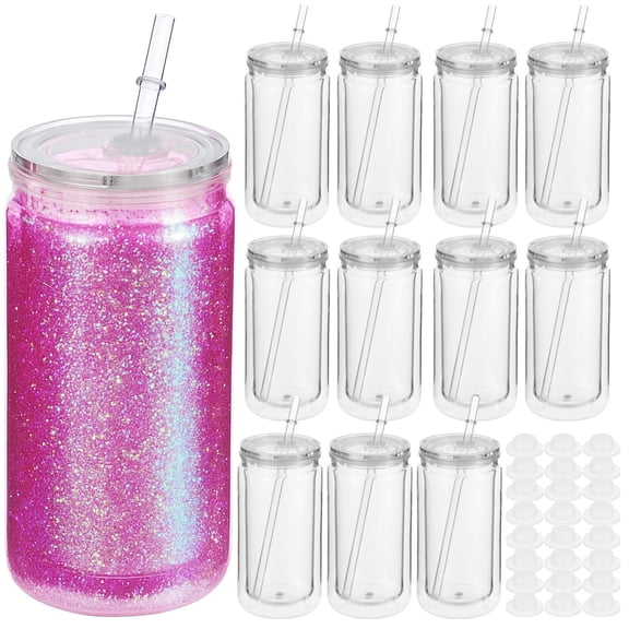 12 Pcs 16 fl oz Plastic Tumblers with Lids and Straws, Double Wall Tumbler with Pre Drilled Hole Bulk Snow Globe Cups, Reusable Mason Cup with Silicone Plugs for Cold Drinks, DIY, Parties
