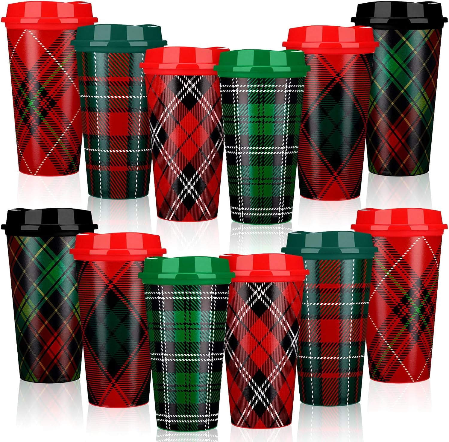 12 Pcs 16 oz Christmas Tartan Plaid Cups Buffalo Plaid with Lids Reusable Xmas Coffee Cup 6 Designs of Red and Green Plastic Coffee Cups Xmas Holiday Supplies