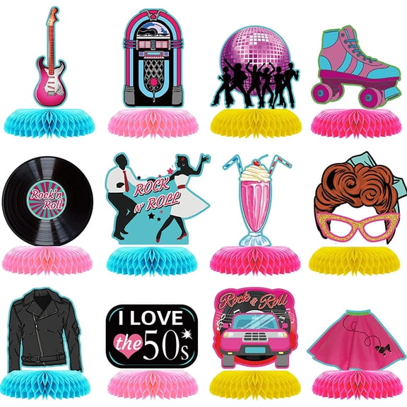 12 Pcs 1950's Rock and Roll Honeycomb Centerpieces 50's Party Decorations 50s Retro Table Toppers Table Centerpieces for 50's 60's Theme Music Party Supplies Favors