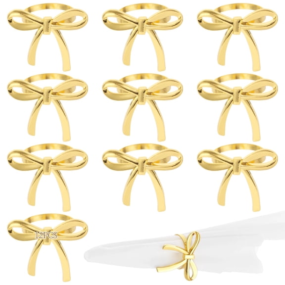 12 Pcs 2.3-Inch Gold Bow Napkin Rings, Zinc Alloy Elegant Bowknot Design, Long-Lasting Shiny Gold Finish, Perfect for Weddings, Parties & Holiday Table Decor