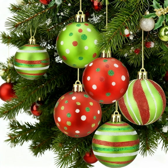 12 Pcs 2.4 Inch Christmas Ball Ornaments Glittering Plastic Hanging Decorations Elf Balls Swirl Candy Cane Peppermint Red and Green Christmas Tree Pendants for Xmas Tree Decoration