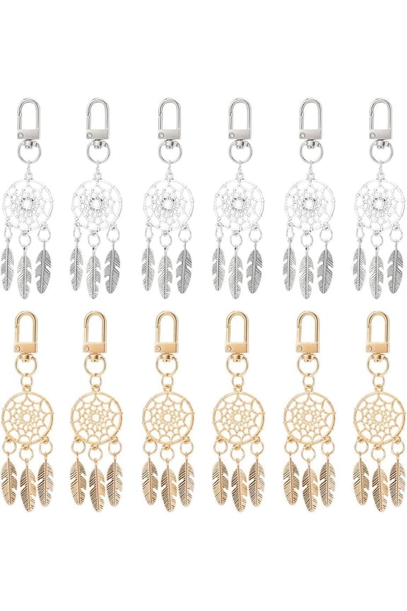 12 Pcs 2 Colors Dream Catcher Keychain Alloy Woven Net with Feather Pendant Charms King Ring with Swivel Clasp for DIY Jewelry Crafts Hanging Decorations Bronze/Silver colorful
