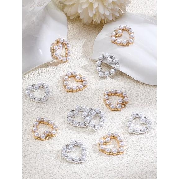 12 Pcs 2 Colors Heart Shape Alloy Charms Rhinestone Pendants with Plastic Imitation Pearl Beads for Jewelry Making DIY Necklace Earrings DIY Handmade Craft 20x19.5x4.5mm Hole: 1.8mm