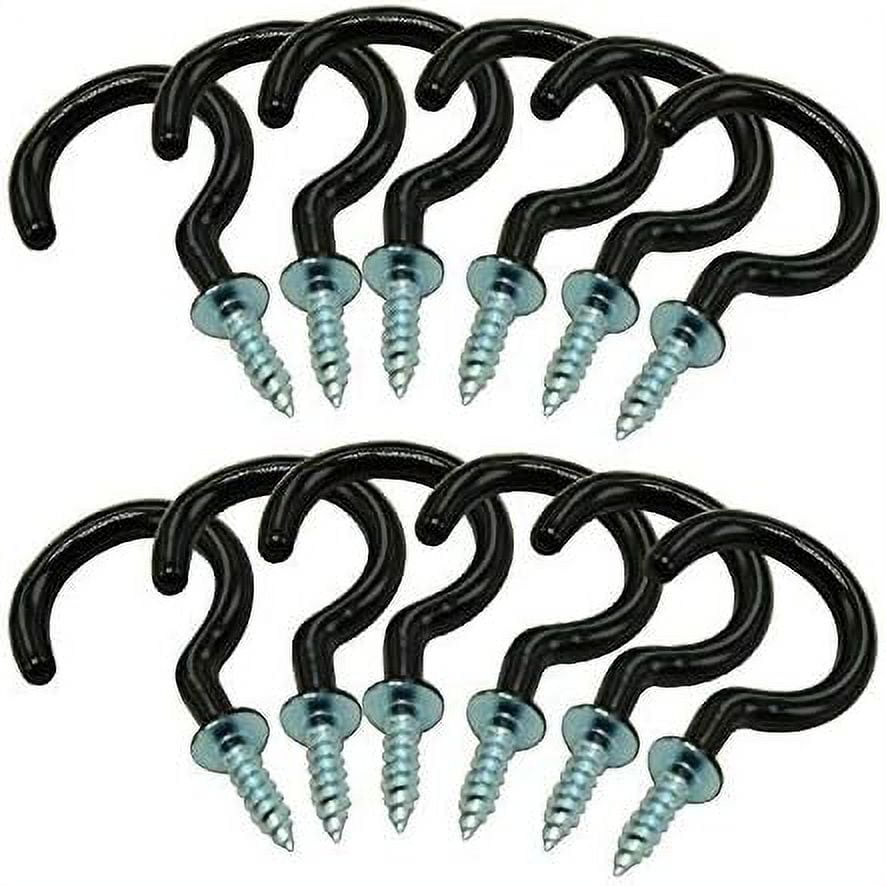 12 Pcs 2 Inch Black Mug Cup Hooks Screw in Hooks Plastic Coated Ceiling Hooks Vinyl Utility Hooks for Wood, Under Cupboard, Cabinet Shelf, Hanging Plant and Kitchen Utensils