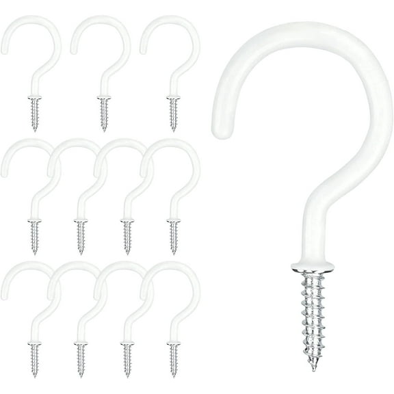 12 Pcs 2 Inch White Mug Cup Hooks Screw in Hooks Plastic Coated Ceiling Hooks Vinyl Utility Hooks for Wood, Under Cupboard, Cabinet Shelf, Hanging Plant and Kitchen Utensils