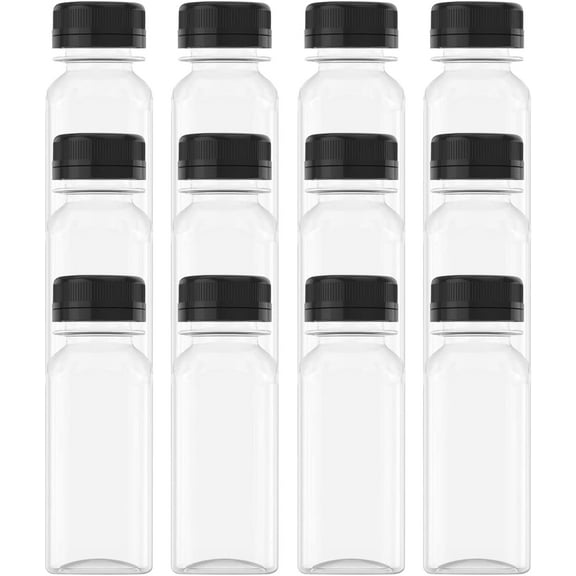 12 Pcs 2 OZ Mini Plastic Juice Bottles, Reusable Bulk Beverage Containers, Comes Black lid, for Juice, Milk and Other Beverages