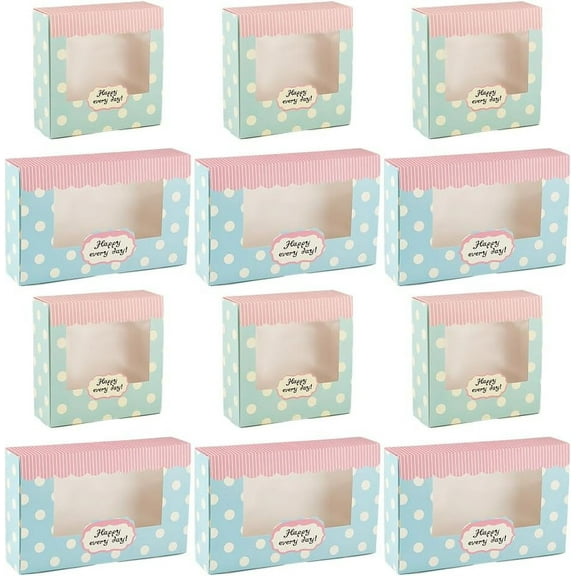 12 Pcs 2 Style Cake Paper Box Bakery Boxes with Window Blue Polka Dot Cake Box Desserts Donuts Pastry Cake Boxes for Desserts Cupcakes Packaging Gift - 8.5x5.4x2 inch/5.4x5.4x2 inch Mixed Color