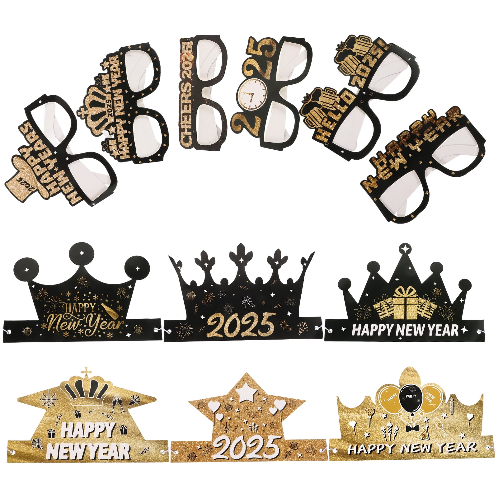 12 Pcs 2025 Paper Glasses Eyeglasses Frames New Year Paper Hats Happy