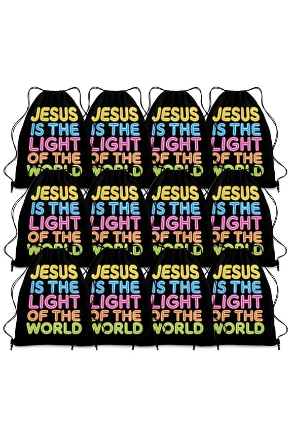 12 Pcs 2026 Christian Drawstring Backpack Jesus Is The Light 13 x 16 in Bag for Church Events Vacation Sunday