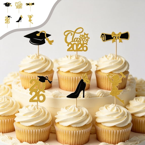 12 Pcs 2026 Graduation Cake Cupcake Toppers,Glitter Grad Cap Diploma Food Appetizer Pick for Graduation Theme Party Cake Decorations Supplies,Gold