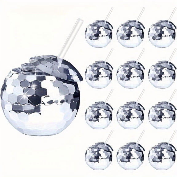 12 Pcs 20Oz Reusable Disco Ball Cups with Lids and Straws,Silver Vacuum Electroplated Plastic Cups for Disco Party Nightclub Bachelorette New Year's Eve Bridal Shower Decorations