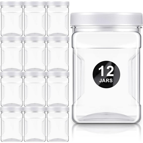 12 Pcs 27 Oz Plastic Storage Jars with Lids, Clear Wide Mouth Square Plastic mason Containers, Paint Storage Containers with Easy Grip Handles, Reusable Wide Mouth Canisters