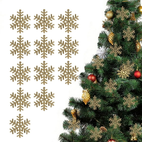 12 Pcs 3.14 Inch Glitter Snowflake Ornaments Set Mini Christmas Tree Hanging Plastic Decoration for Xmas Party Wedding Anniversary Window Door Home Accessories