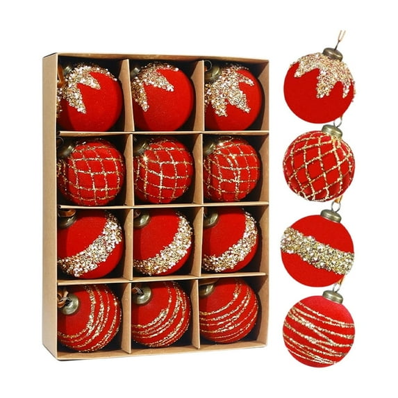 12 Pcs 3.15 Inch Glitter Velvet Christmas Balls Ornaments Sequin Shatterproof Christmas Tree Ornaments Pearl Balls for Xmas Holiday Party Decoration (Red)