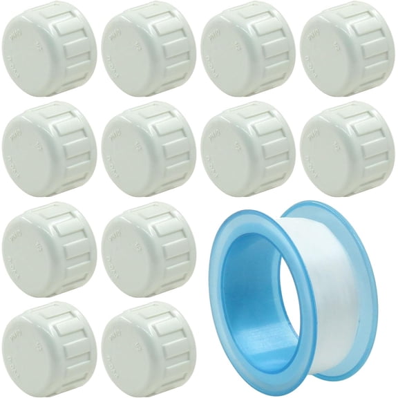 12 Pcs 3/4 Inch Threaded PVC Sprinkler Cap with Sealing Tape, White Female PVC Pipe End Cap Plug, 3/4 Pipe Fittings for 0.75 Inch Pipe