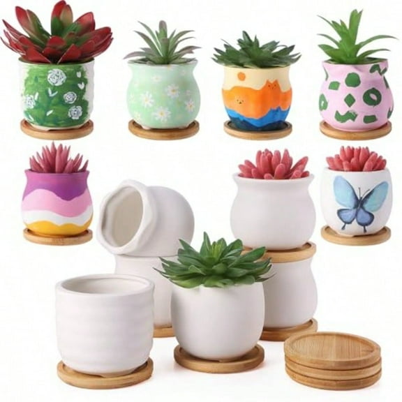 12 Pcs 3.5 Inch DIY Ceramic Succulent Pots For Painting Figurines Paint Craft Kit Unpainted Ceramic Bisque Paintable Flowerpots With Drainage Hole Ready To Paint