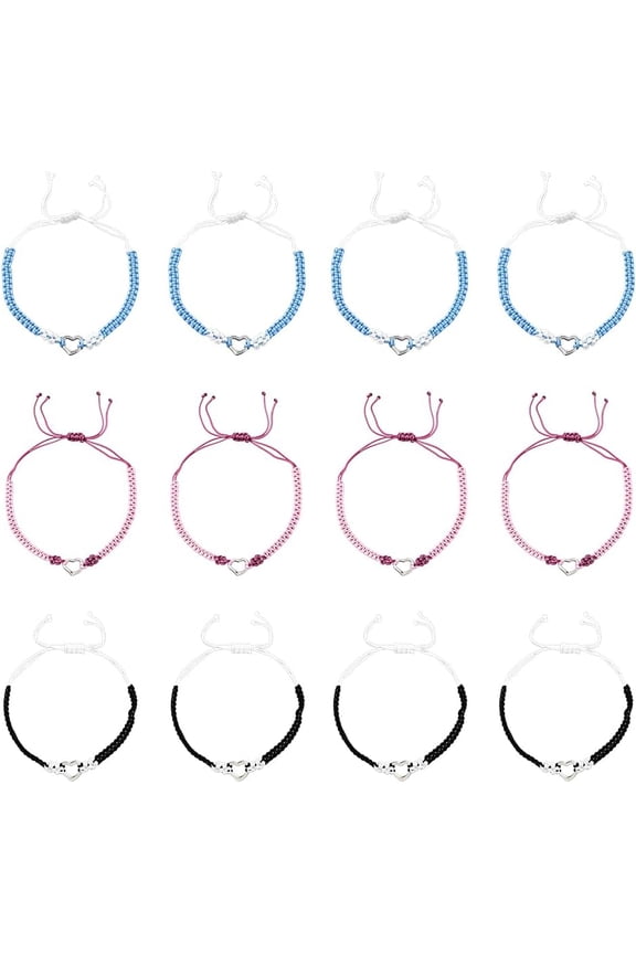 12 Pcs 3 Colors Friendship Bracelets Adjustable Nylon Thread Bracelets with Platinum Alloy Heart Charm Handmade Colorful Adjustable String Bracelets