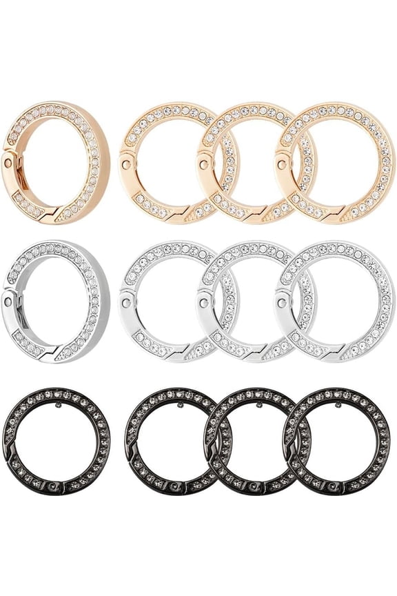 12 Pcs 3 Colors Rhinestone Spring O Rings 1.38" Rhinestone Round Carabiner Gate Rings Snap Clip Buckle for DIY Keyring Jewelry Handbag Purse Strap Car Keychain Making Mixed Color