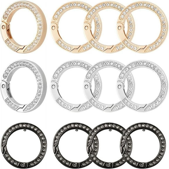 12 Pcs 3 Colors Rhinestone Spring O Rings 1.38" Rhinestone Round Carabiner Gate Rings Snap Clip Buckle