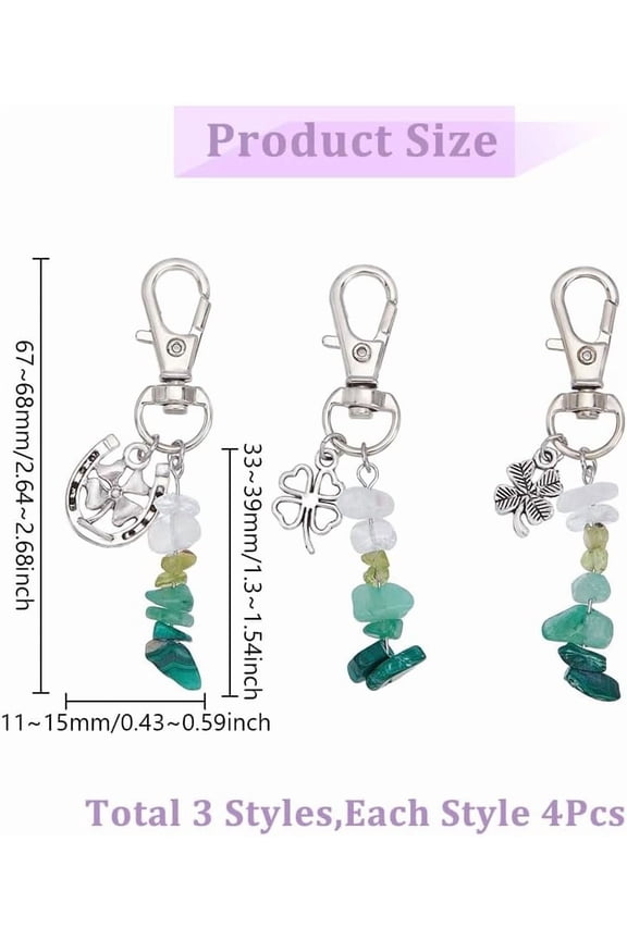 12 Pcs 3 Styles Four-leaf Clover Keychains Natural Gemstone Stone DIY Keychains Pendants with Swivel Clasps for St. Patrick's Day and Car Key Bag Decoration