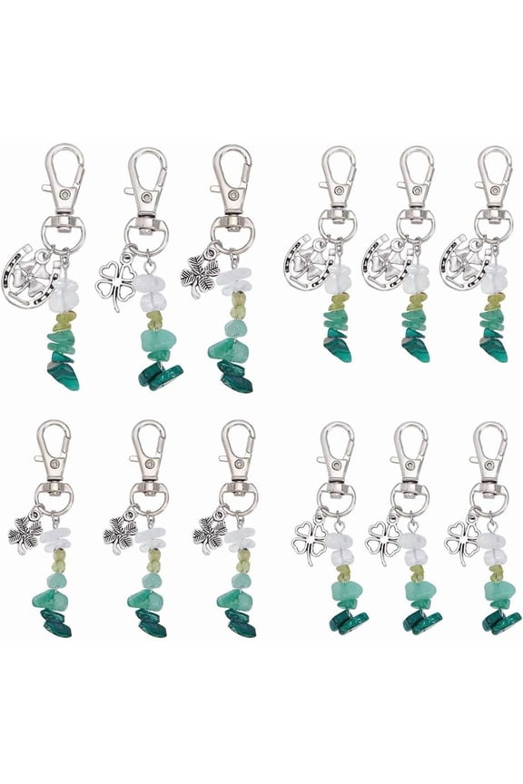 12 Pcs 3 Styles Four-leaf Clover Keychains Natural Gemstone Stone DIY Keychains Pendants with Swivel Clasps for St. Patrick's Day and Car Key Bag Decoration