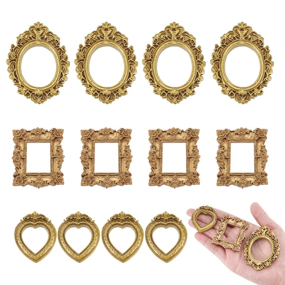 12 Pcs 3 Styles Resin Embossed Photo Frames Multi-Shape Vintage Home Decor Frames for Jewelry Photography Goldenrod