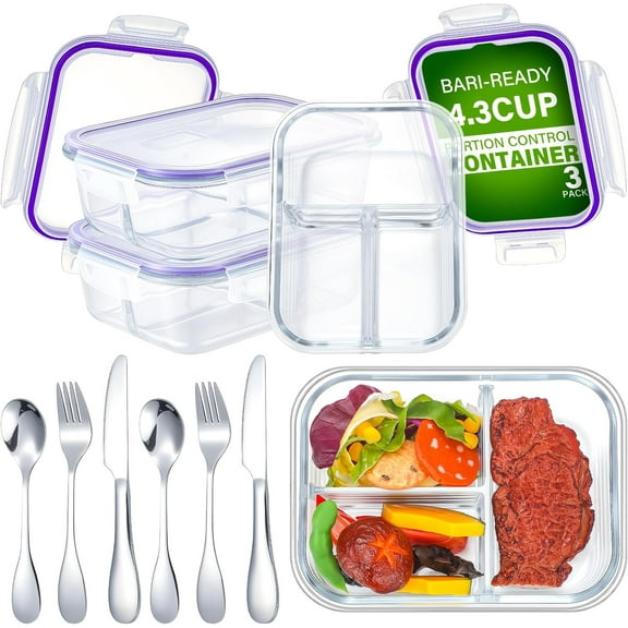 12 Pcs 35 oz Glass Portion Control Containers with 3 Set Knives Forks Spoons 3 Compartment Food Storage Containers Divided Meal Prep Bariatric Bento Lunch Box