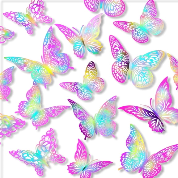 Decute 12 Pcs 3D Butterfly Wall Decor - 4 Patterns & 3 Sizes, Colorful Laser Cut Removable Stickers for Birthday, Wedding, Baby Shower, Party, Home Decor