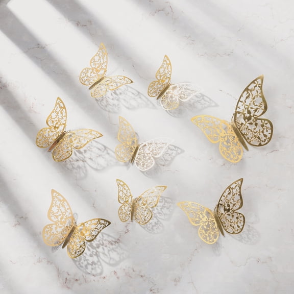 12 Pcs 3D Hollow Butterfly Wall Stickers - Gold Thick Paper Card With Assorted Sizes (5In, 4In, 3In) - For Home Wall, Fridge, Door, Closet, , Metal, Tile, Laptop, Car