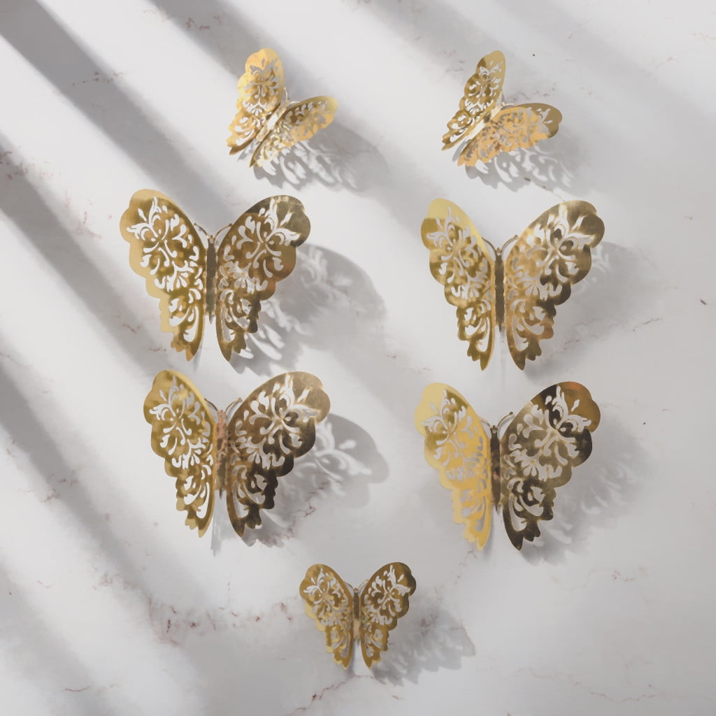 12 Pcs 3D Hollow Butterfly Wall Stickers - Gold Thick Paper Craft With ...