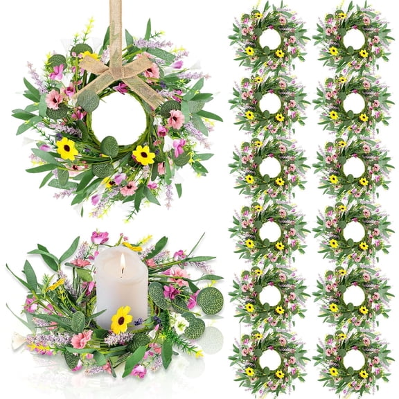12 Pcs 3inch Spring Summer Artificial Flowered Wreath Mini Floral Wedding Candle Rings Wreaths Kitchen Cabinet Swags Wreath Pillar Candle Holder for Wedding Spring Summer Home Door Decoration