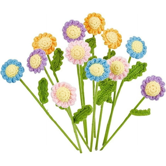 12 Pcs 4 Colors Crochet Flower Bouquet Knitted Daisy Flowers Handmade Daisies Crochet Flowers Artificial Flower Bouquet Hand Made Knitted Flowers for Home Wedding Birthday Party Multi-color
