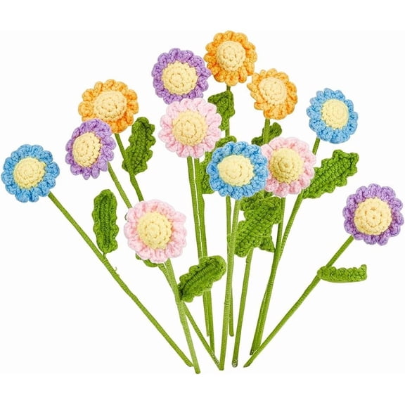 12 Pcs 4 Colors Crochet Flower Bouquet Knitted Daisy Flowers Handmade Daisies Crochet Flowers Artificial Flower Bouquet Hand Made Knitted Flowers for Home Wedding Birthday Party 1bag