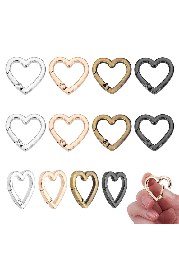 12 Pcs 4 Colors Heart Keychain Clip Metal Spring Gate Rings Heart Snap Clasp Hook Ring Clip Trigger for Backpacks Small Carabiner Clip