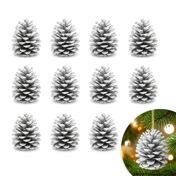 12 Pcs 4 Inch Silver Glitter Pine Cones Ornaments, Artrylin Large Artificial Pinecone, Christmas Tree Decorations, Vase Fillers, Wreath Garland Picks, DIY Craft Supplies for Xmas Holiday Decor