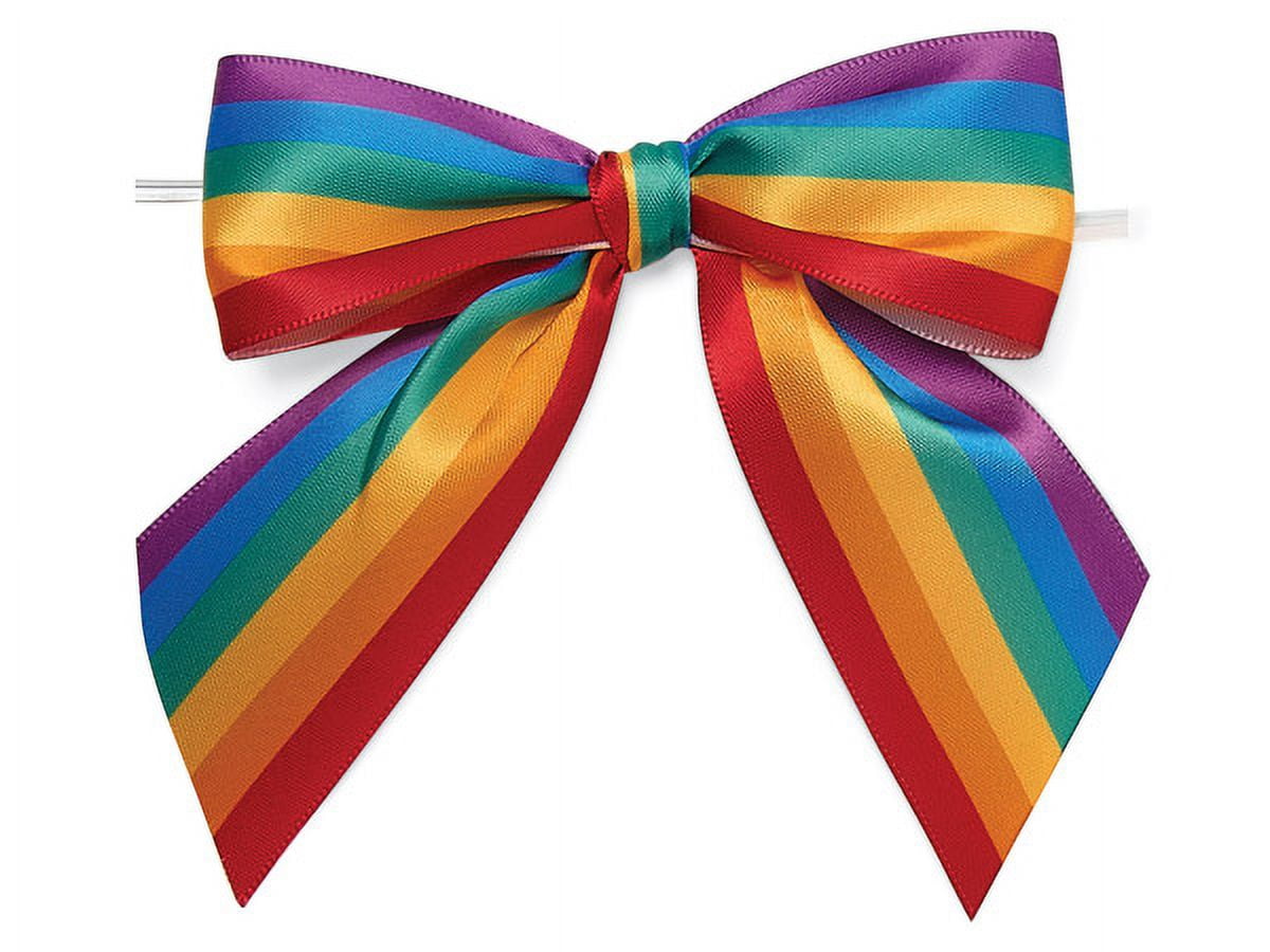 12 Pcs, 4" Rainbow Stripe Pre-Tied Satin Gift Bows W/Twist Ties for Holidays or Occasion Décor