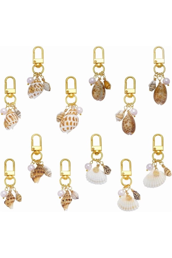 12 Pcs 4 Styles Beach Keychain Accessories 2.44-2.74inch Seashell Bag Charms Seashell Purse Keychain with Pearl for DIY Car Keys Backpack Purse Personalized Gifts Golden