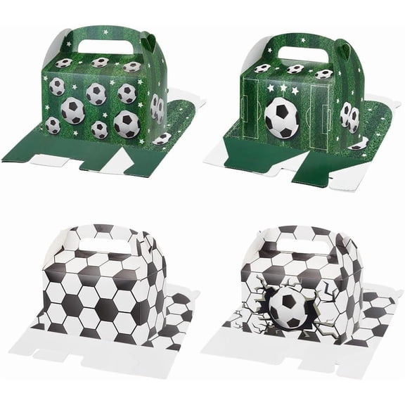 12 Pcs 4 Styles Soccer Party Treat Boxes Soccer Cardboard Boxes Portable Gift Paper Boxes Green White Candy Box with Handles for Holiday Birthday Soccer Party Decoration 3.7x6.3x6.5 inch Colorful