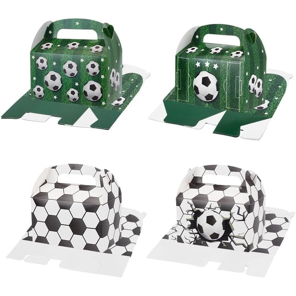 12 Pcs 4 Styles Soccer Party Treat Boxes Soccer Cardboard Boxes Portable Gift Paper Boxes Green White Candy Box with Handles for Holiday Birthday Soccer Party Decoration 3.7x6.3x6.5 inch
